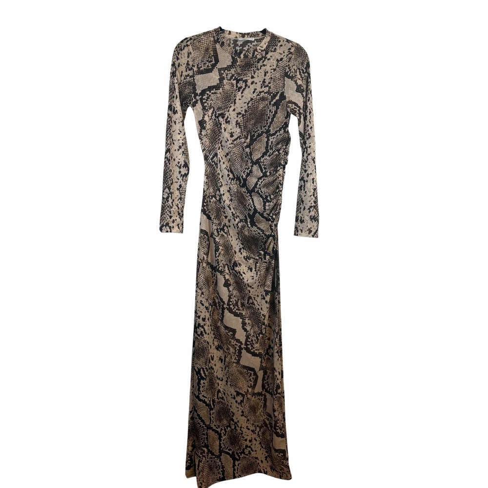 Stella McCartney H&M Snakeskin Mesh Maxi Dress Long Sleeve Ruched Brown Tan